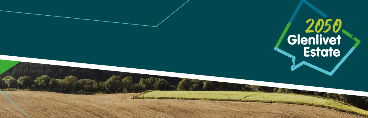 GE2050 branding over an image of a field being ploughed on the Glenlivet estate