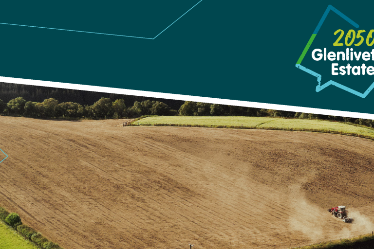 GE2050 branding over an image of a field being ploughed on the Glenlivet estate